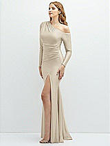 Side View Thumbnail - Champagne Long Sleeve Cold-Shoulder Draped Stretch Satin Mermaid Dress with Horsehair Hem