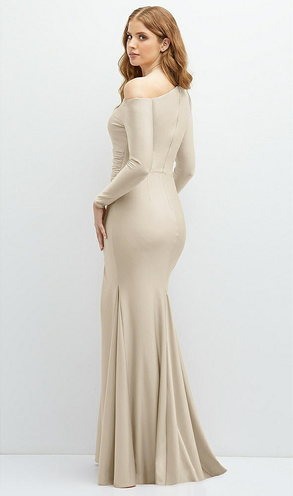 Back View - Champagne Long Sleeve Cold-Shoulder Draped Stretch Satin Mermaid Dress with Horsehair Hem