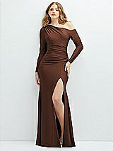 Front View Thumbnail - Cognac Long Sleeve Cold-Shoulder Draped Stretch Satin Mermaid Dress with Horsehair Hem