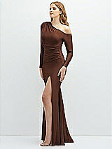 Side View Thumbnail - Cognac Long Sleeve Cold-Shoulder Draped Stretch Satin Mermaid Dress with Horsehair Hem