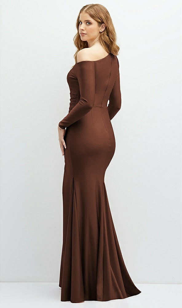 Back View - Cognac Long Sleeve Cold-Shoulder Draped Stretch Satin Mermaid Dress with Horsehair Hem