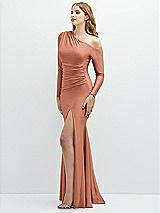Side View Thumbnail - Copper Penny Long Sleeve Cold-Shoulder Draped Stretch Satin Mermaid Dress with Horsehair Hem