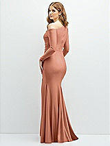 Rear View Thumbnail - Copper Penny Long Sleeve Cold-Shoulder Draped Stretch Satin Mermaid Dress with Horsehair Hem