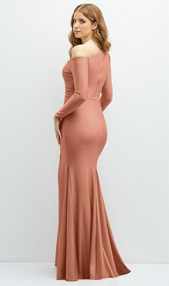 Back View - Copper Penny Long Sleeve Cold-Shoulder Draped Stretch Satin Mermaid Dress with Horsehair Hem