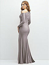Rear View Thumbnail - Cashmere Gray Long Sleeve Cold-Shoulder Draped Stretch Satin Mermaid Dress with Horsehair Hem
