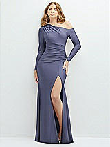 Front View Thumbnail - French Blue Long Sleeve Cold-Shoulder Draped Stretch Satin Mermaid Dress with Horsehair Hem