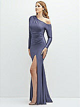 Side View Thumbnail - French Blue Long Sleeve Cold-Shoulder Draped Stretch Satin Mermaid Dress with Horsehair Hem