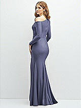 Rear View Thumbnail - French Blue Long Sleeve Cold-Shoulder Draped Stretch Satin Mermaid Dress with Horsehair Hem