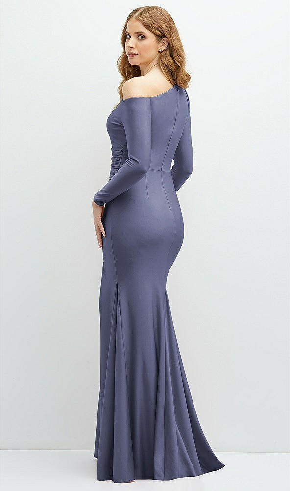 Back View - French Blue Long Sleeve Cold-Shoulder Draped Stretch Satin Mermaid Dress with Horsehair Hem