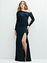 Front View Thumbnail - Midnight Navy Long Sleeve Cold-Shoulder Draped Stretch Satin Mermaid Dress with Horsehair Hem