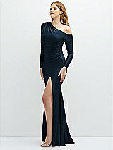 Side View Thumbnail - Midnight Navy Long Sleeve Cold-Shoulder Draped Stretch Satin Mermaid Dress with Horsehair Hem