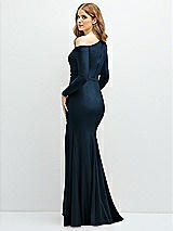 Rear View Thumbnail - Midnight Navy Long Sleeve Cold-Shoulder Draped Stretch Satin Mermaid Dress with Horsehair Hem