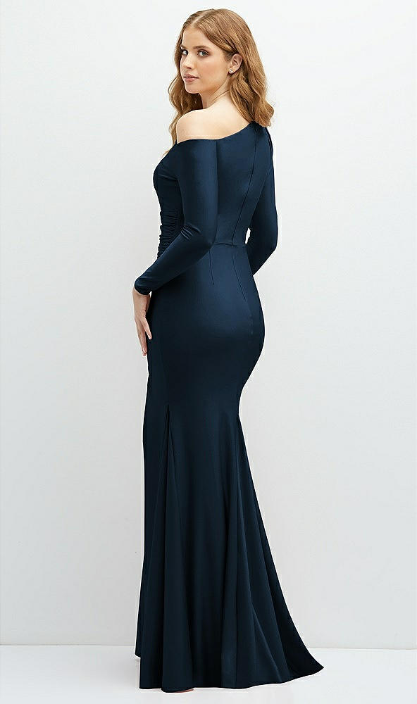 Back View - Midnight Navy Long Sleeve Cold-Shoulder Draped Stretch Satin Mermaid Dress with Horsehair Hem