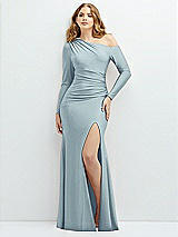 Front View Thumbnail - Mist Long Sleeve Cold-Shoulder Draped Stretch Satin Mermaid Dress with Horsehair Hem