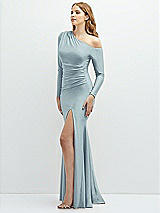 Side View Thumbnail - Mist Long Sleeve Cold-Shoulder Draped Stretch Satin Mermaid Dress with Horsehair Hem