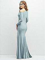 Rear View Thumbnail - Mist Long Sleeve Cold-Shoulder Draped Stretch Satin Mermaid Dress with Horsehair Hem
