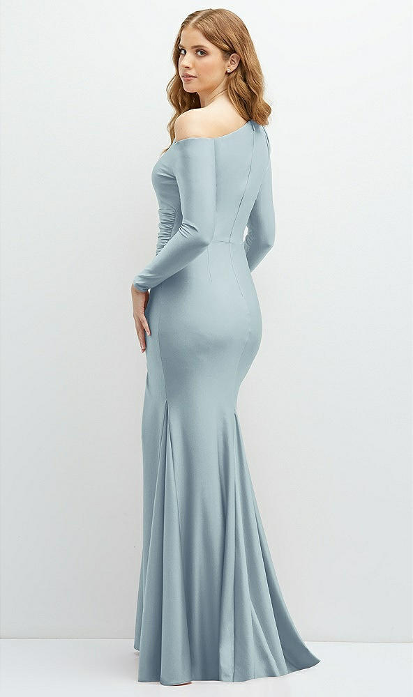 Back View - Mist Long Sleeve Cold-Shoulder Draped Stretch Satin Mermaid Dress with Horsehair Hem