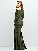 Rear View Thumbnail - Olive Green Long Sleeve Cold-Shoulder Draped Stretch Satin Mermaid Dress with Horsehair Hem