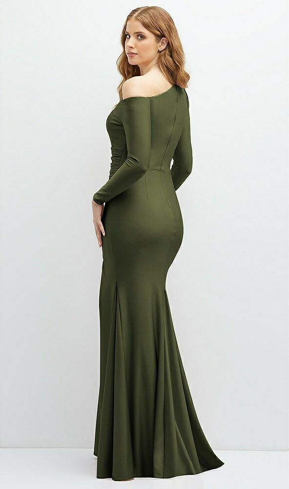 Back View - Olive Green Long Sleeve Cold-Shoulder Draped Stretch Satin Mermaid Dress with Horsehair Hem