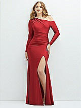Front View Thumbnail - Poppy Red Long Sleeve Cold-Shoulder Draped Stretch Satin Mermaid Dress with Horsehair Hem