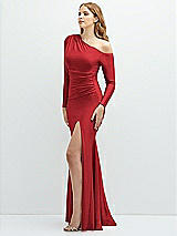 Side View Thumbnail - Poppy Red Long Sleeve Cold-Shoulder Draped Stretch Satin Mermaid Dress with Horsehair Hem
