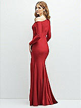 Rear View Thumbnail - Poppy Red Long Sleeve Cold-Shoulder Draped Stretch Satin Mermaid Dress with Horsehair Hem
