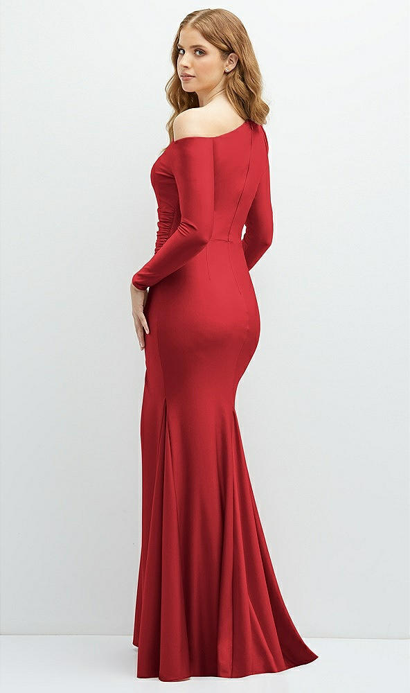 Back View - Poppy Red Long Sleeve Cold-Shoulder Draped Stretch Satin Mermaid Dress with Horsehair Hem