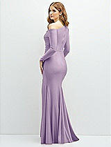 Rear View Thumbnail - Pale Purple Long Sleeve Cold-Shoulder Draped Stretch Satin Mermaid Dress with Horsehair Hem