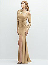 Side View Thumbnail - Soft Gold Long Sleeve Cold-Shoulder Draped Stretch Satin Mermaid Dress with Horsehair Hem
