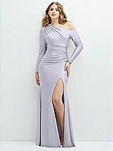 Front View Thumbnail - Silver Dove Long Sleeve Cold-Shoulder Draped Stretch Satin Mermaid Dress with Horsehair Hem