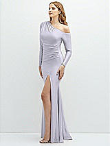 Side View Thumbnail - Silver Dove Long Sleeve Cold-Shoulder Draped Stretch Satin Mermaid Dress with Horsehair Hem
