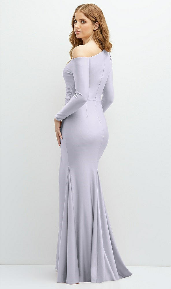 Back View - Silver Dove Long Sleeve Cold-Shoulder Draped Stretch Satin Mermaid Dress with Horsehair Hem