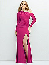 Front View Thumbnail - Think Pink Long Sleeve Cold-Shoulder Draped Stretch Satin Mermaid Dress with Horsehair Hem