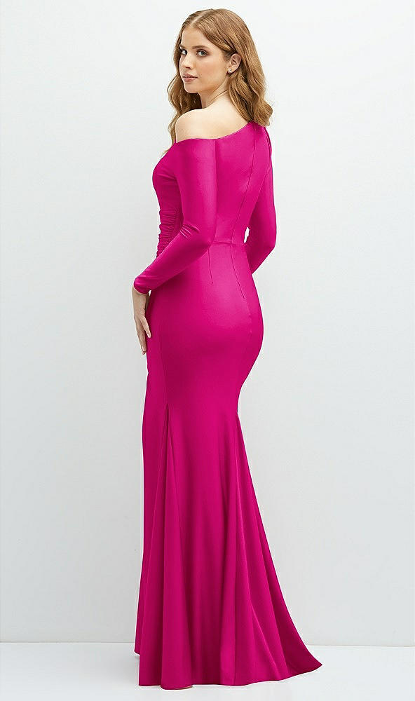 Back View - Think Pink Long Sleeve Cold-Shoulder Draped Stretch Satin Mermaid Dress with Horsehair Hem