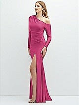Side View Thumbnail - Tea Rose Long Sleeve Cold-Shoulder Draped Stretch Satin Mermaid Dress with Horsehair Hem