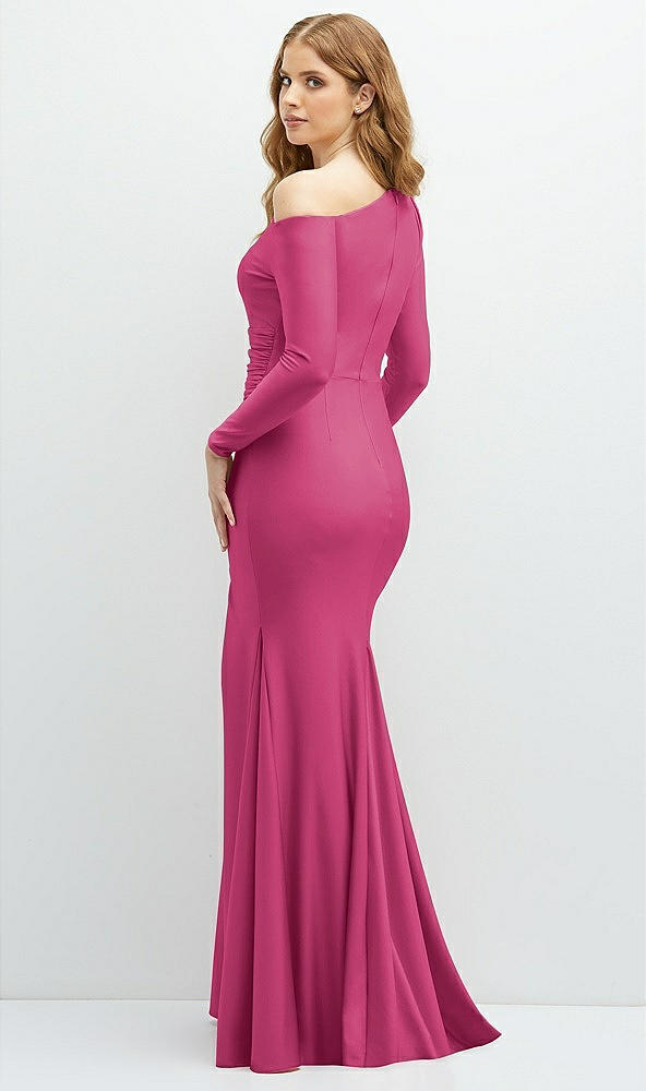 Back View - Tea Rose Long Sleeve Cold-Shoulder Draped Stretch Satin Mermaid Dress with Horsehair Hem