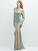 Side View Thumbnail - Willow Green Long Sleeve Cold-Shoulder Draped Stretch Satin Mermaid Dress with Horsehair Hem