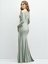 Rear View Thumbnail - Willow Green Long Sleeve Cold-Shoulder Draped Stretch Satin Mermaid Dress with Horsehair Hem