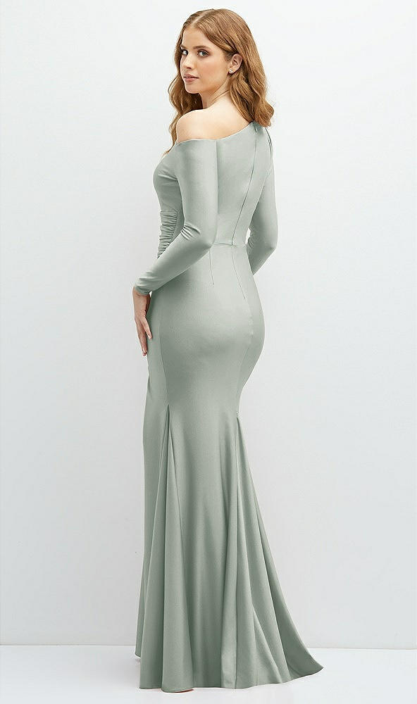 Back View - Willow Green Long Sleeve Cold-Shoulder Draped Stretch Satin Mermaid Dress with Horsehair Hem