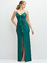 Front View Thumbnail - Peacock Teal Rhinestone Strap Stretch Satin Maxi Dress with Vertical Cascade Ruffle