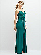 Side View Thumbnail - Peacock Teal Rhinestone Strap Stretch Satin Maxi Dress with Vertical Cascade Ruffle