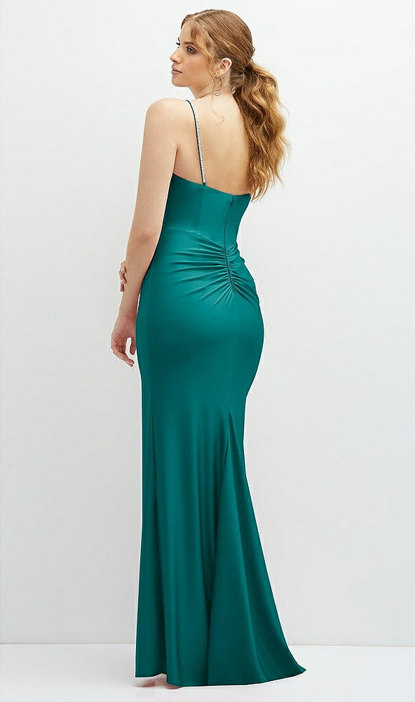 Back View - Peacock Teal Rhinestone Strap Stretch Satin Maxi Dress with Vertical Cascade Ruffle