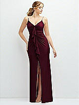 Front View Thumbnail - Cabernet Rhinestone Strap Stretch Satin Maxi Dress with Vertical Cascade Ruffle