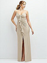 Front View Thumbnail - Champagne Rhinestone Strap Stretch Satin Maxi Dress with Vertical Cascade Ruffle