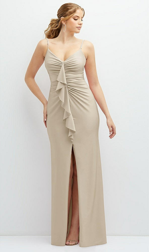 Front View - Champagne Rhinestone Strap Stretch Satin Maxi Dress with Vertical Cascade Ruffle