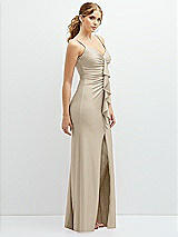 Side View Thumbnail - Champagne Rhinestone Strap Stretch Satin Maxi Dress with Vertical Cascade Ruffle