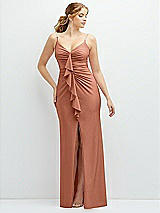 Front View Thumbnail - Copper Penny Rhinestone Strap Stretch Satin Maxi Dress with Vertical Cascade Ruffle