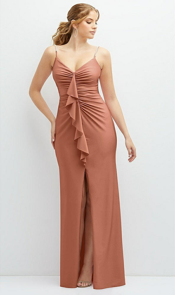 Front View - Copper Penny Rhinestone Strap Stretch Satin Maxi Dress with Vertical Cascade Ruffle