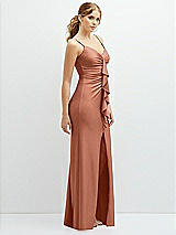 Side View Thumbnail - Copper Penny Rhinestone Strap Stretch Satin Maxi Dress with Vertical Cascade Ruffle
