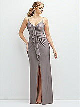 Front View Thumbnail - Cashmere Gray Rhinestone Strap Stretch Satin Maxi Dress with Vertical Cascade Ruffle